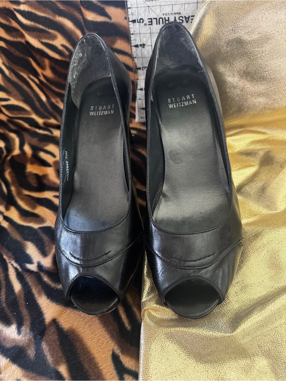 Stuart Weitzman Black Leather Peep-Toe Pumps
